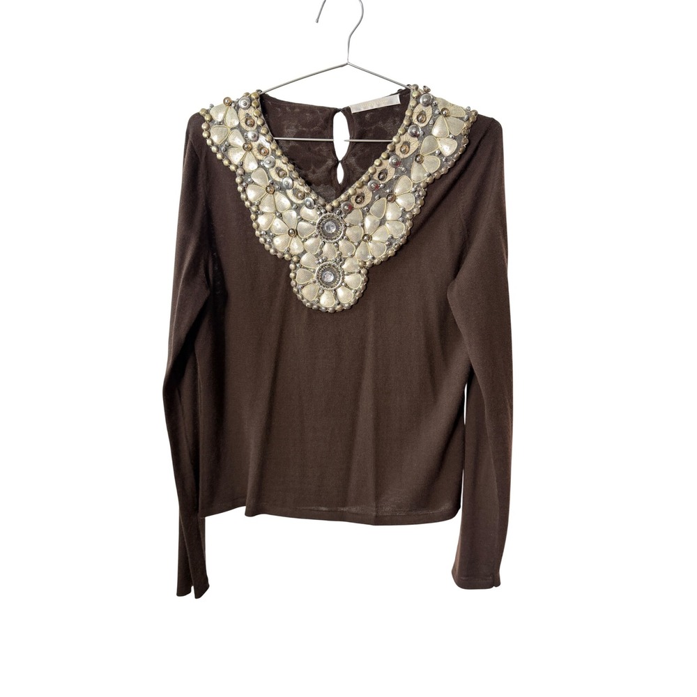 Naeem Khan 100% Cashmere Embellished Floral Neckline Sweater Brown XL Luxury